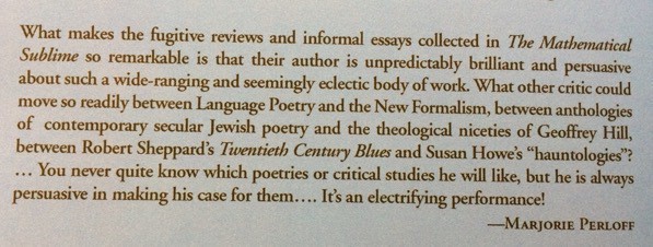 What makes the fugitive reviews and informal essays collected in The Mathematical Sublime so remarkable is that their author is unpredictably brilliant and persuasive about such a wide-ranging and seemingly eclectic body of work. What other critic could move so readily between Language Poetry and the New Formalism, between anthologies of contemporary secular Jewish poetry and the theological niceties of Geoffrey Hill, between Robert Sheppard's Twentieth Century Blues and Susan Howe's hauntologies? You never quite know which poetries or critical studies he will like, but he is always persuasive in making his case for them. It's an electrifying performance!
